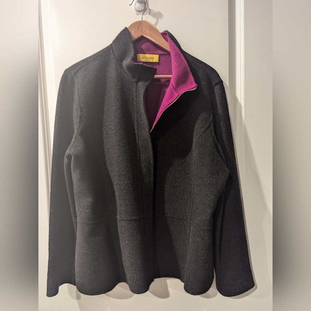 St John Hybrid Removable Hood Peplum Angora Jacket